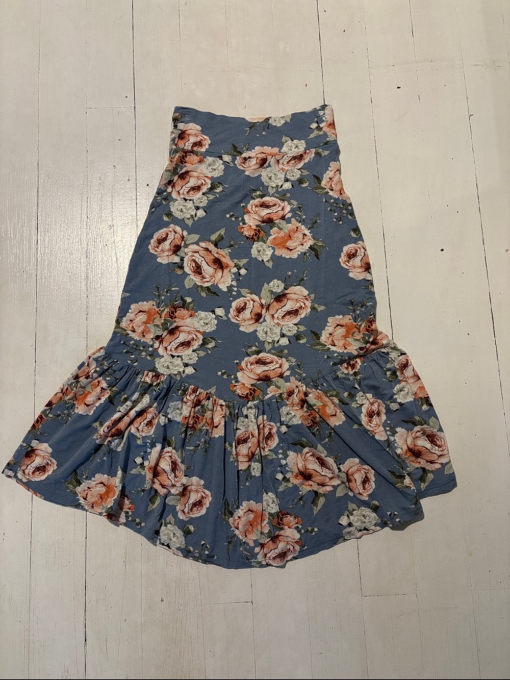 Agnes & Dora Blue Floral Midi Skirt with Peach Roses